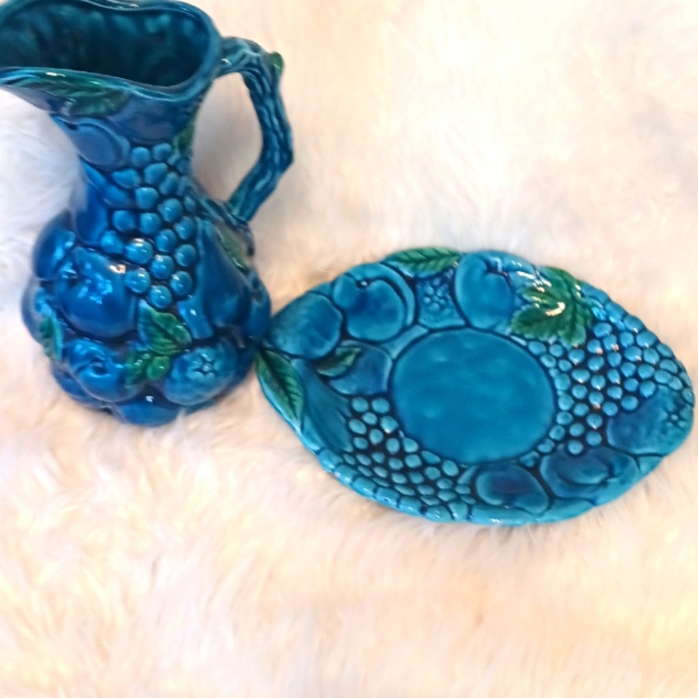 Inarco Japan Ceramic Blue Pitcher and Plate Set